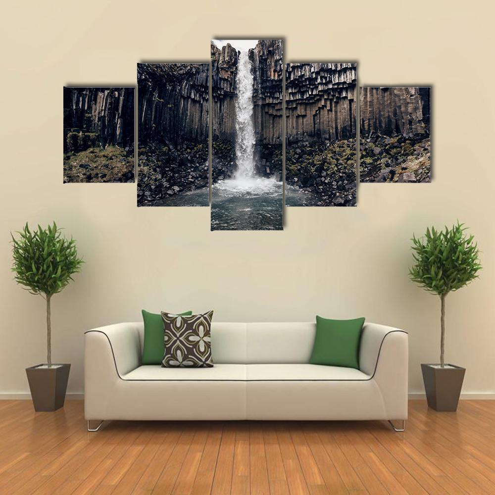 Svartifoss Black Waterfall Canvas Wall Art-1 Piece-Gallery Wrap-48" x 32"-Tiaracle