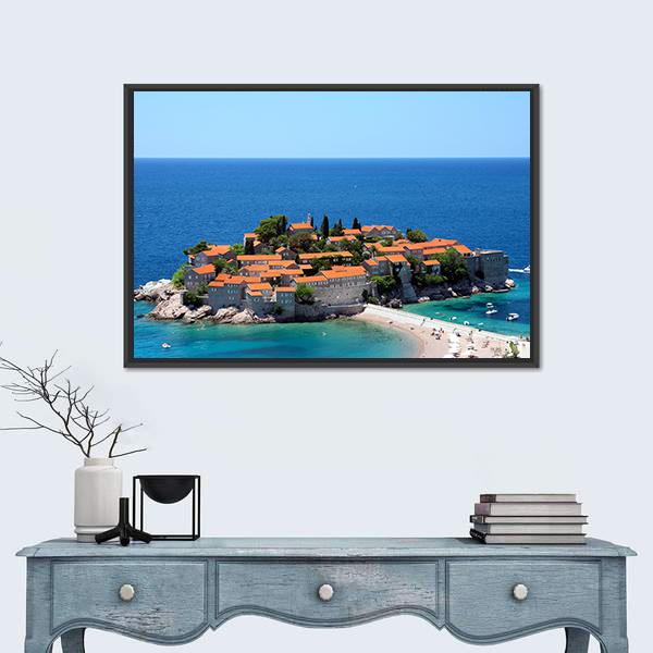 Sveti Stefan In Daylight Montenegro Canvas Wall Art-1 Piece-Floating Frame-24" x 16"-Tiaracle
