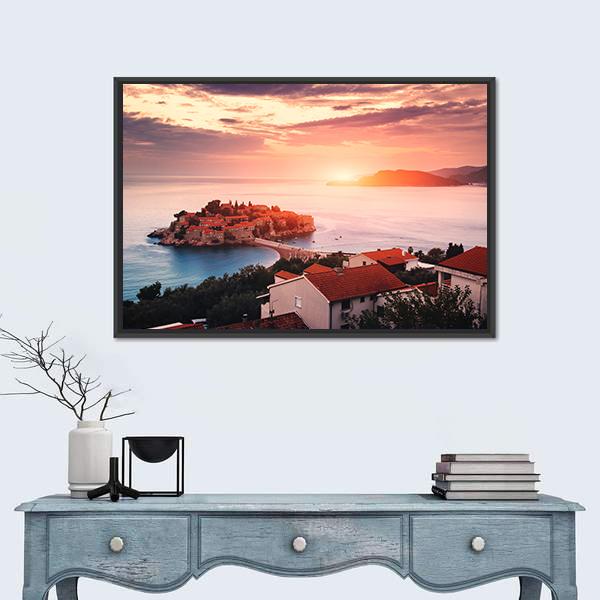 Sveti Stefan Island At Sunrise Canvas Wall Art-1 Piece-Floating Frame-24" x 16"-Tiaracle
