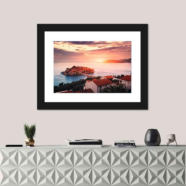 Sveti Stefan Island At Sunrise Canvas Wall Art-1 Piece-Framed Print-20" x 16"-Tiaracle