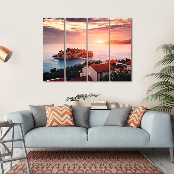 Sveti Stefan Island At Sunrise Canvas Wall Art-4 Horizontal-Gallery Wrap-34" x 24"-Tiaracle