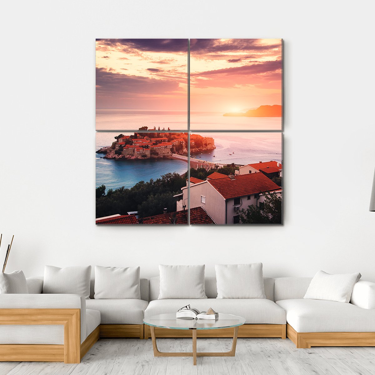 Sveti Stefan Island At Sunrise Canvas Wall Art-4 Square-Gallery Wrap-17" x 17"-Tiaracle