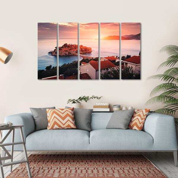 Sveti Stefan Island At Sunrise Canvas Wall Art-5 Horizontal-Gallery Wrap-22" x 12"-Tiaracle