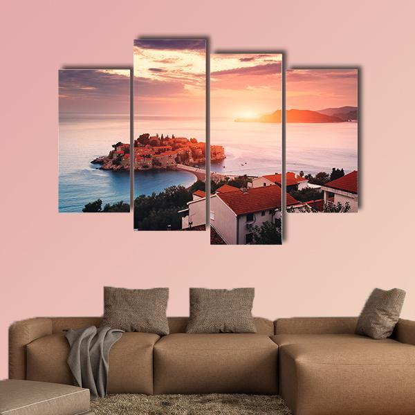 Sveti Stefan Island At Sunrise Canvas Wall Art-4 Pop-Gallery Wrap-50" x 32"-Tiaracle