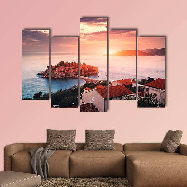 Sveti Stefan Island At Sunrise Canvas Wall Art-5 Pop-Gallery Wrap-47" x 32"-Tiaracle