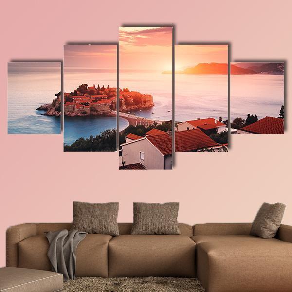 Sveti Stefan Island At Sunrise Canvas Wall Art-5 Star-Gallery Wrap-62" x 32"-Tiaracle