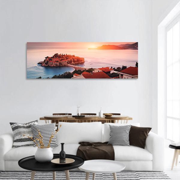 Sveti Stefan Island At Sunrise Panoramic Canvas Wall Art-3 Piece-25" x 08"-Tiaracle