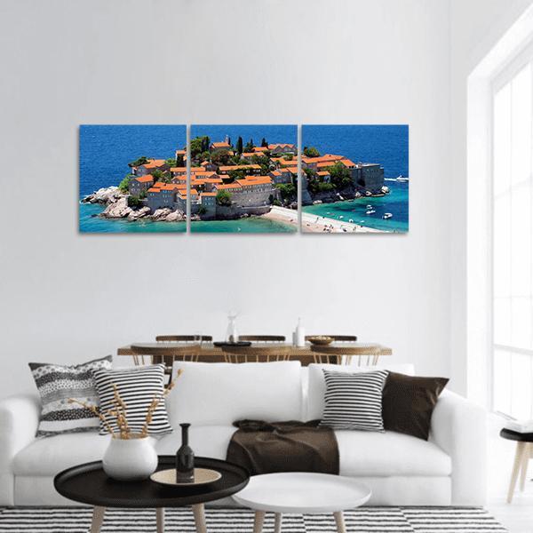 Sveti Stefan Island In Daylight Panoramic Canvas Wall Art-3 Piece-25" x 08"-Tiaracle