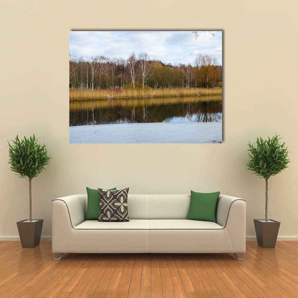 Svisloch River in Minsk Canvas Wall Art in white, brown and blue, single panel hung on a wall