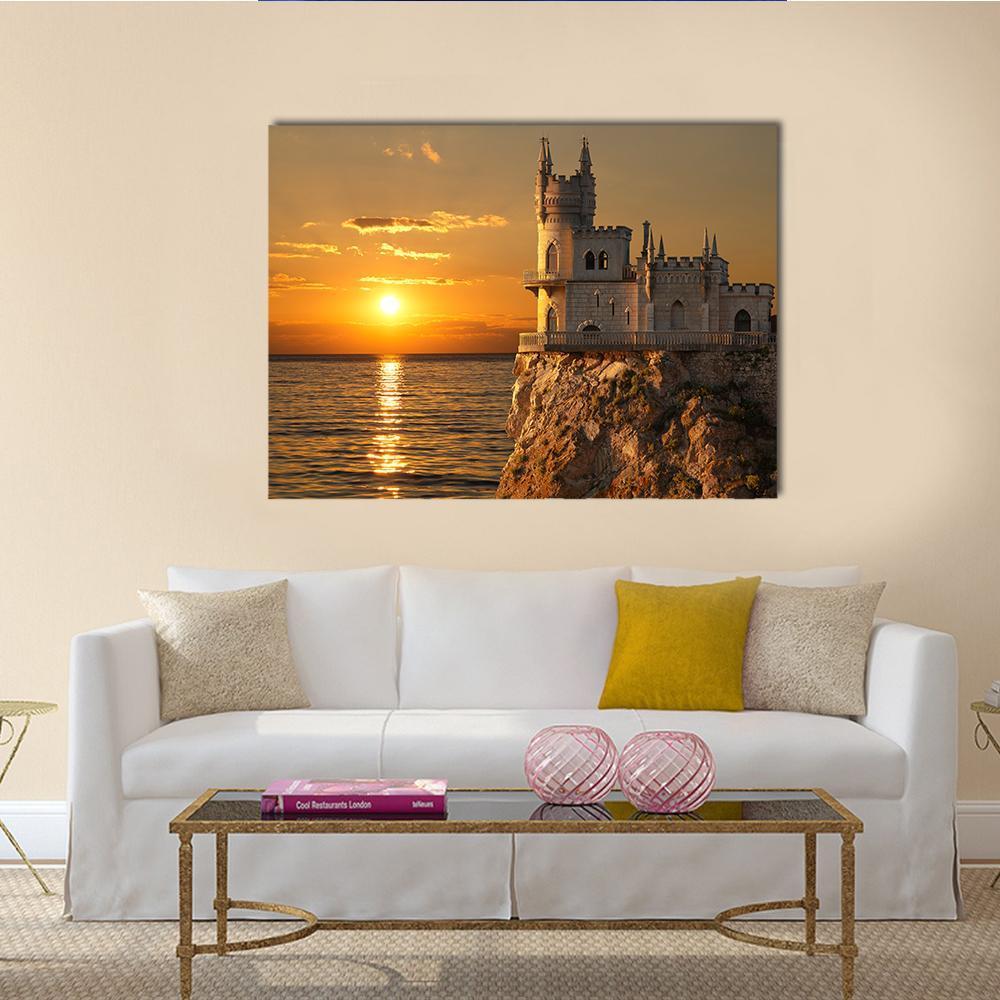 Swallows Nest Castle at Sunset Canvas Wall Art in brown, orange and yellow, single panel hung on a wall