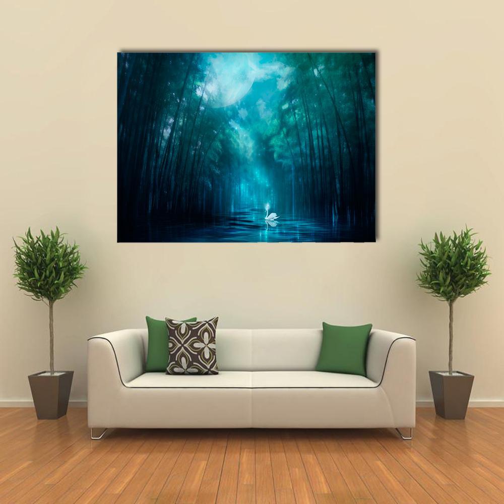 Glowing Swan on Moonlit Lake Canvas Wall Art in black, green and blue, single panel hung on a wall