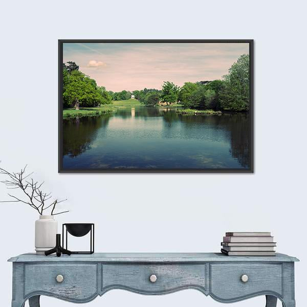 Swans In A Lake In A Surrey Park Canvas Wall Art-1 Piece-Floating Frame-24" x 16"-Tiaracle