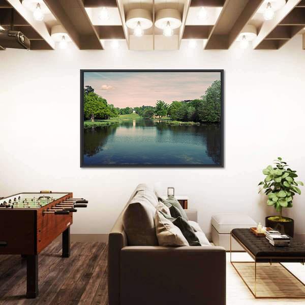Swans In A Lake In A Surrey Park Canvas Wall Art-3 Horizontal-Gallery Wrap-25" x 16"-Tiaracle