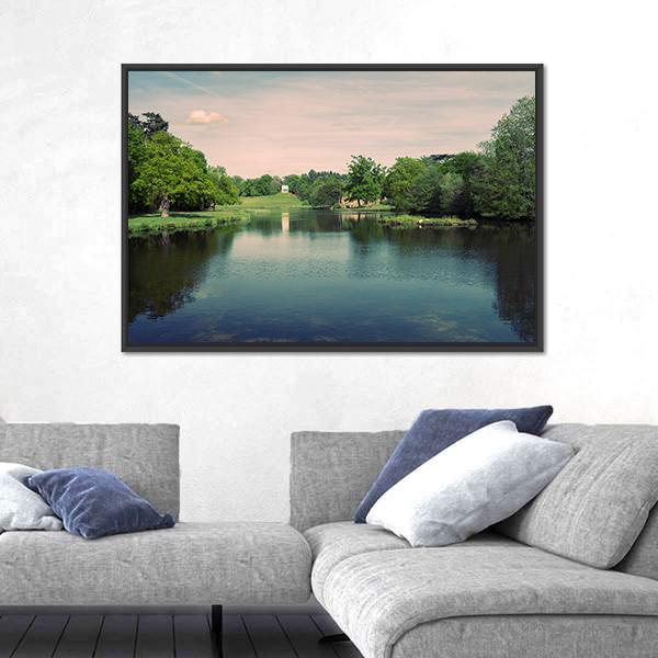 Swans In A Lake In A Surrey Park Canvas Wall Art-3 Horizontal-Gallery Wrap-25" x 16"-Tiaracle