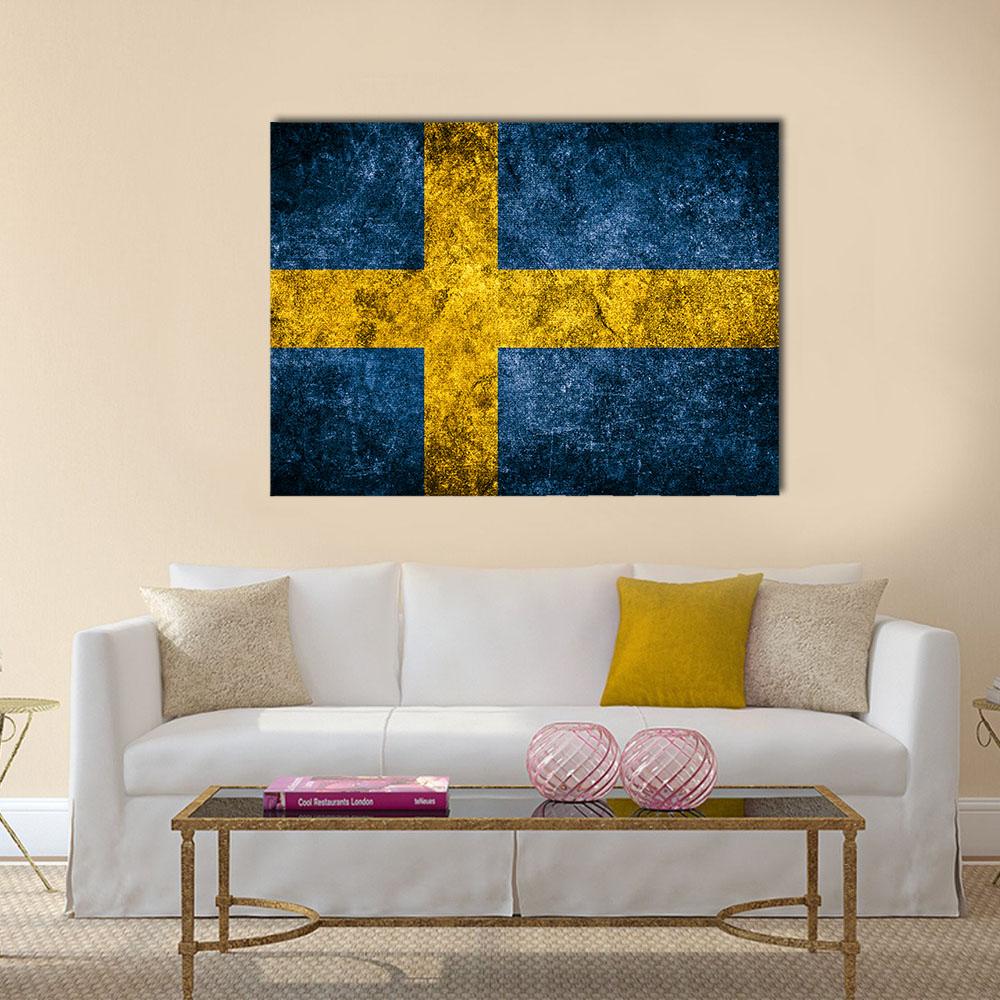 Swedish Flag on Grunge Concrete Canvas Wall Art in yellow and blue, single panel hung on a wall