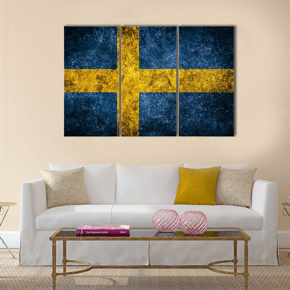 Sweden Flag On The Grunge Concrete Wall Canvas Wall Art-3 Horizontal-Gallery Wrap-25" x 16"-Tiaracle