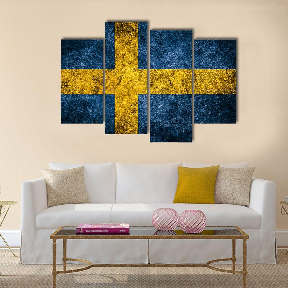 Sweden Flag On The Grunge Concrete Wall Canvas Wall Art-4 Pop-Gallery Wrap-34" x 20"-Tiaracle