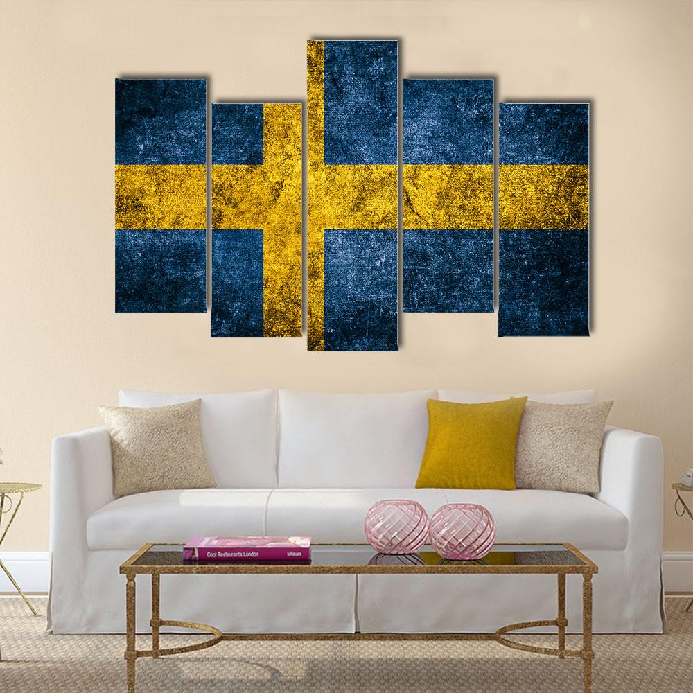Sweden Flag On The Grunge Concrete Wall Canvas Wall Art-5 Pop-Gallery Wrap-32" x 21"-Tiaracle
