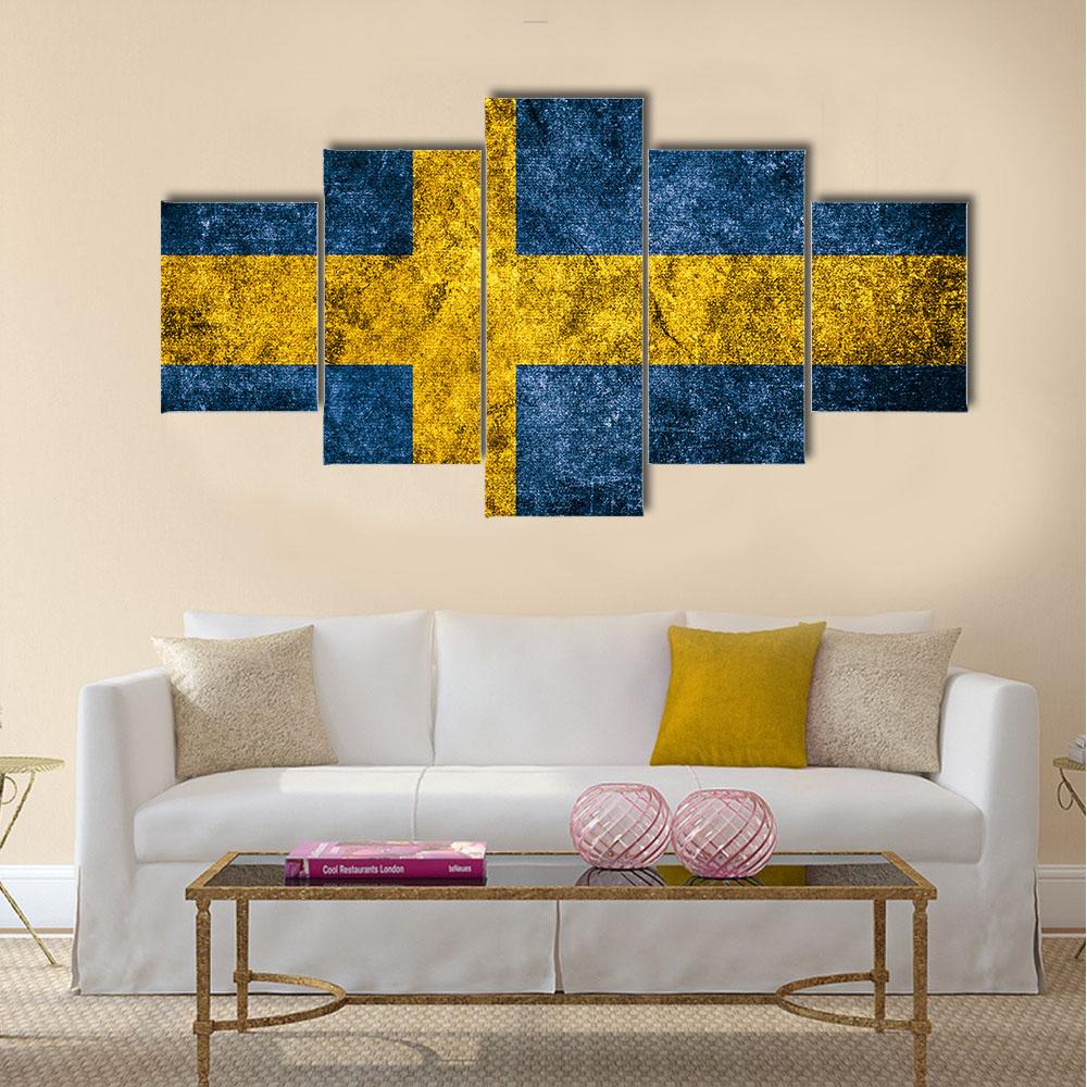 Sweden Flag On The Grunge Concrete Wall Canvas Wall Art-5 Star-Gallery Wrap-42" x 21"-Tiaracle