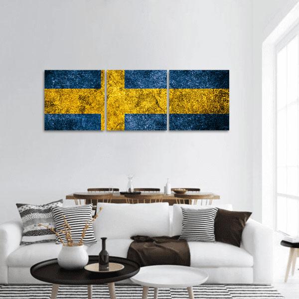 Swedish Flag on Grunge Concrete Panoramic Canvas Wall Art in yellow and blue, hung on a wall