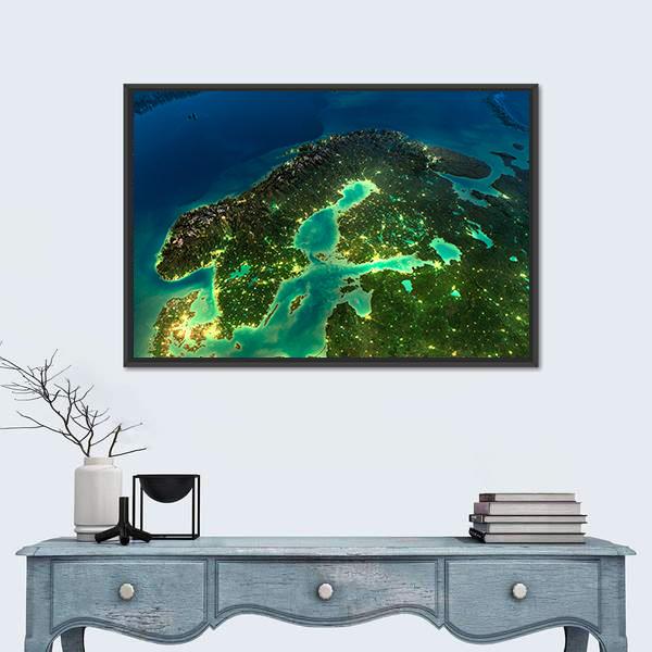 Sweden From Space Canvas Wall Art-1 Piece-Floating Frame-24" x 16"-Tiaracle