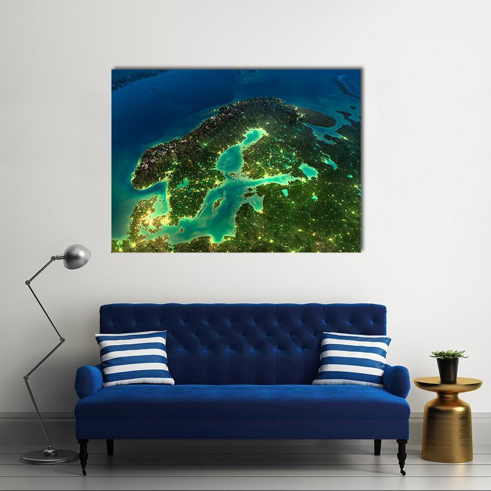 Sweden from Space Canvas Wall Art in black, green and blue, single panel hung on a wall