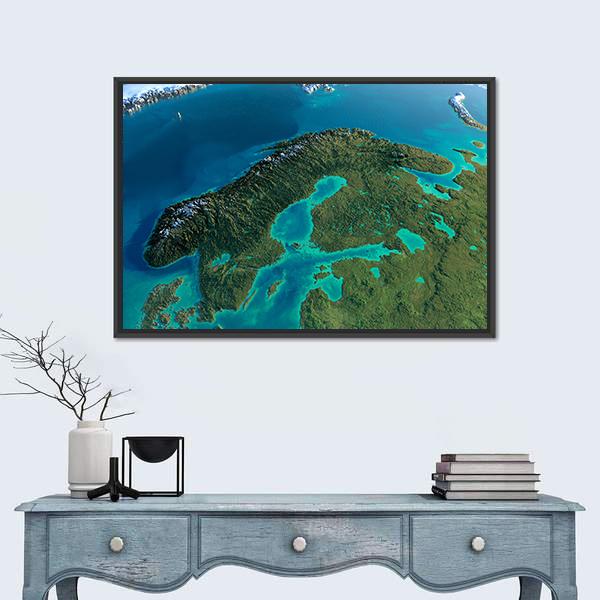 Sweden In Morning From Space Canvas Wall Art-1 Piece-Floating Frame-24" x 16"-Tiaracle