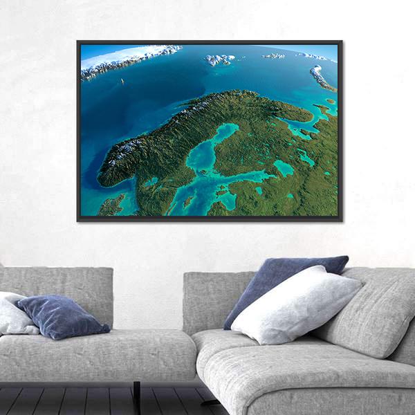 Sweden In Morning From Space Canvas Wall Art-3 Horizontal-Gallery Wrap-25" x 16"-Tiaracle