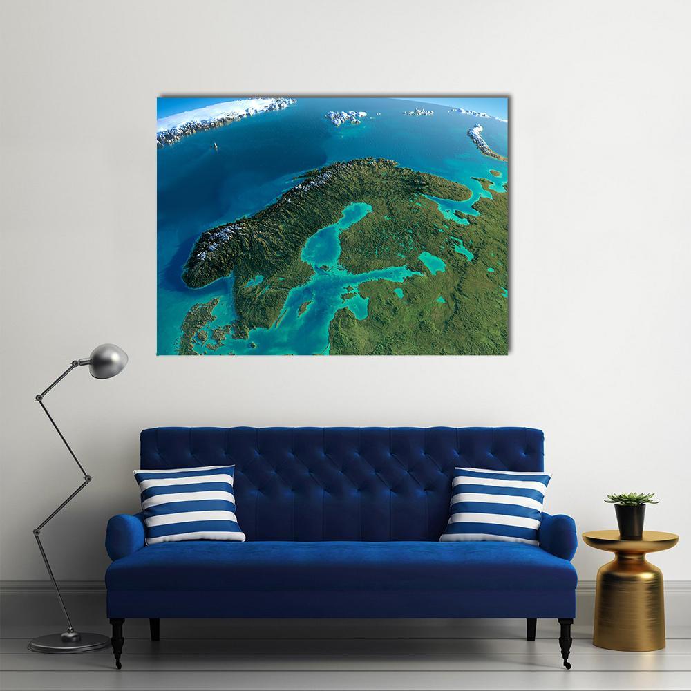 Morning View of Sweden from Space Canvas Wall Art in green and blue, single panel hung on a wall