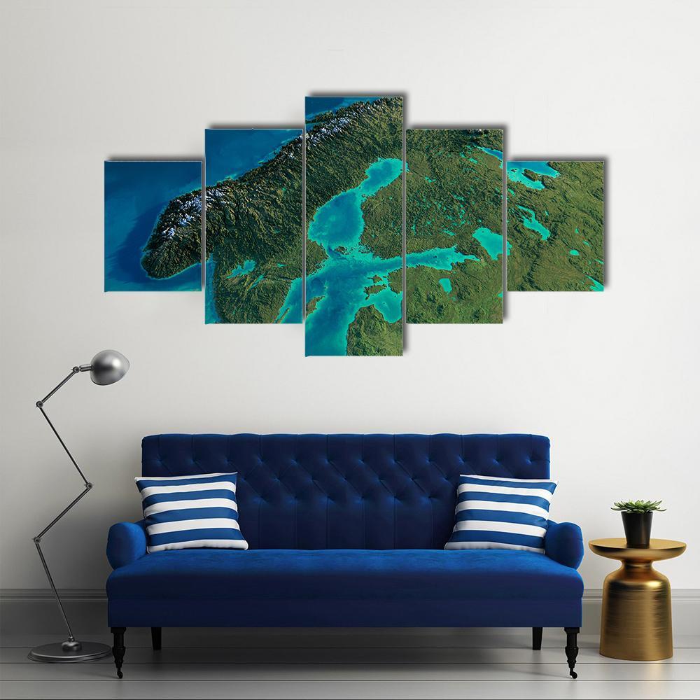 Sweden In Morning From Space Canvas Wall Art-5 Star-Gallery Wrap-62" x 32"-Tiaracle