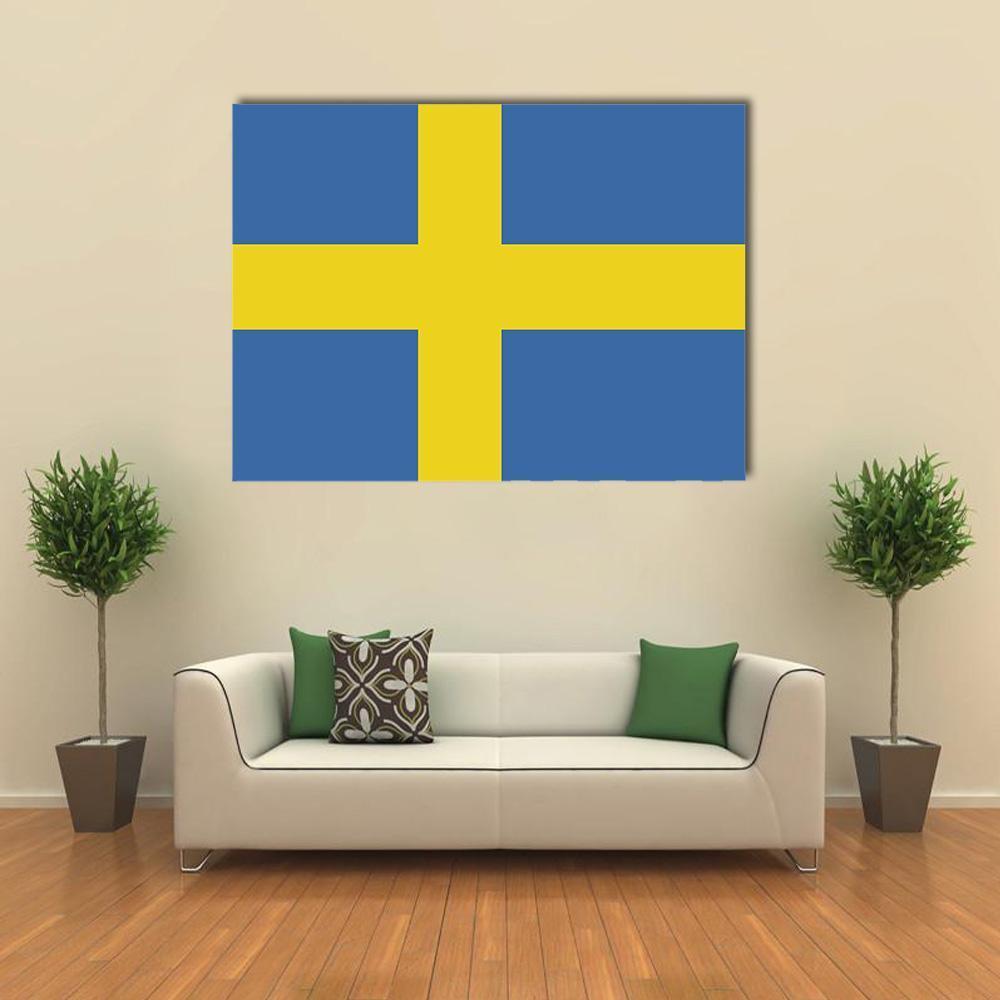 Swedish Flag Geometric Design Canvas Wall Art in yellow and blue, single panel hung on a wall