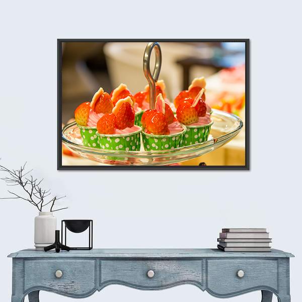 Sweet Cup Cake On Plate Canvas Wall Art-1 Piece-Floating Frame-24" x 16"-Tiaracle