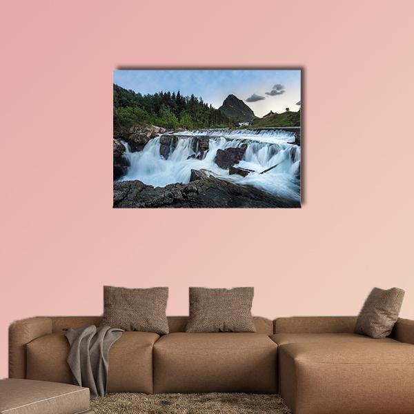 Swift Current Falls Canvas Wall Art in white, green and blue, single panel hung on a wall