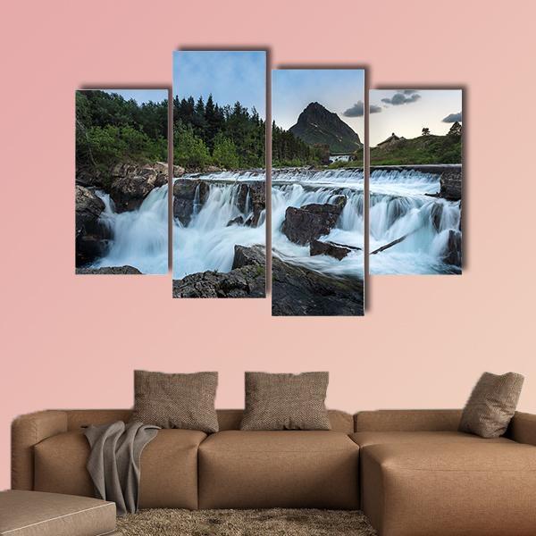 Swift Current Falls In Many Glacier Canvas Wall Art-4 Pop-Gallery Wrap-50" x 32"-Tiaracle