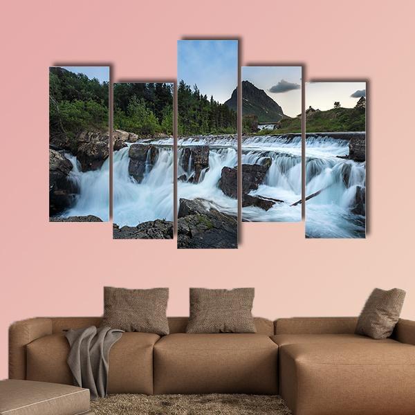 Swift Current Falls In Many Glacier Canvas Wall Art-5 Pop-Gallery Wrap-47" x 32"-Tiaracle