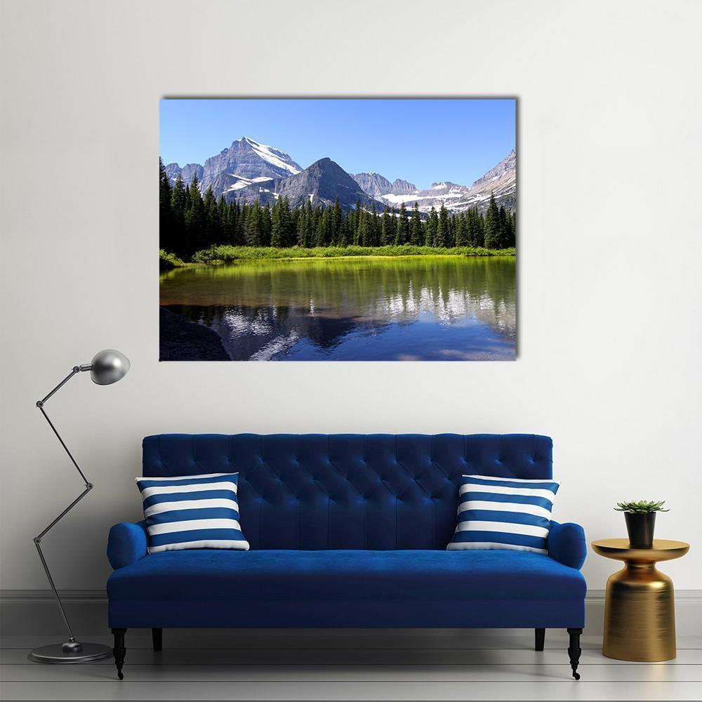 Swift Current Lake Canvas Wall Art in gray, green and blue, single panel hung on a wall