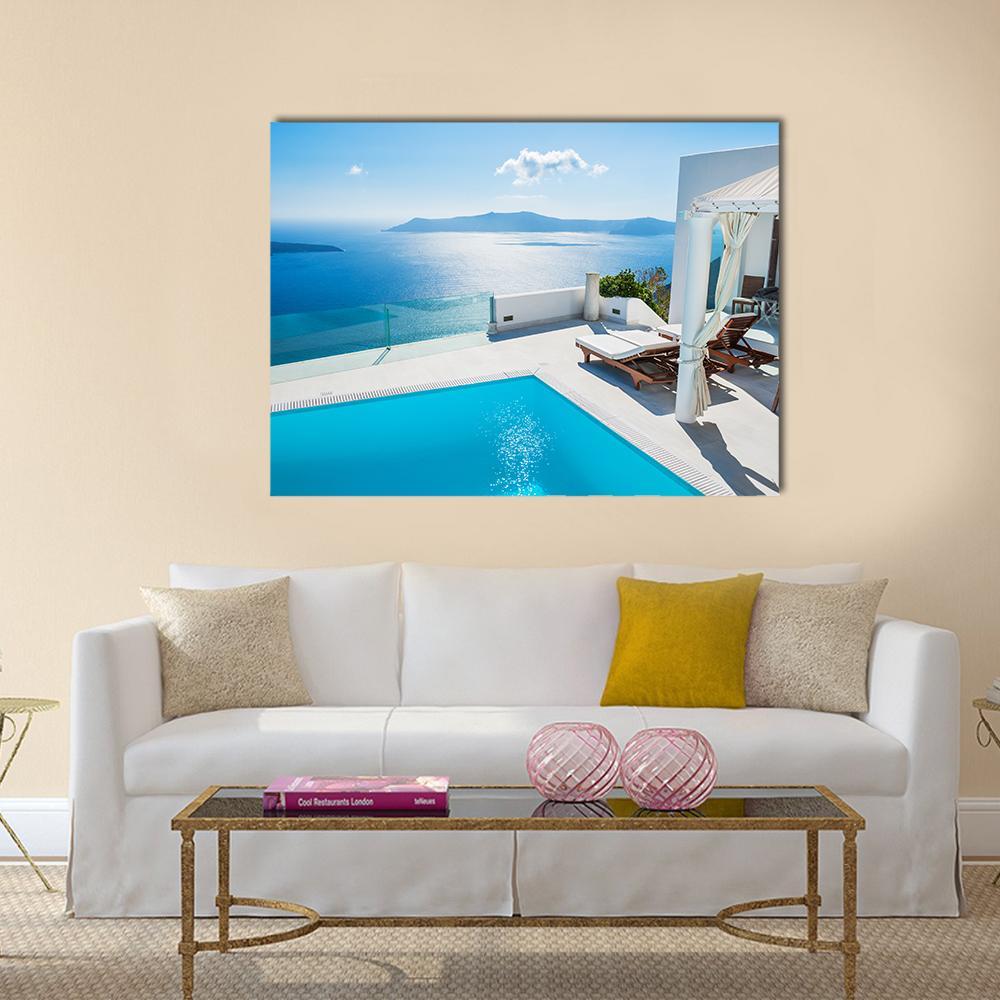 Luxury Hotel Pool Scene in Greece Canvas Wall Art in white and blue, single panel hung on a wall