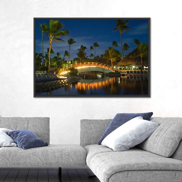 Swimming Pool In Night Illumination Panoramic Canvas Wall Art-1 Piece-36" x 12"-Tiaracle