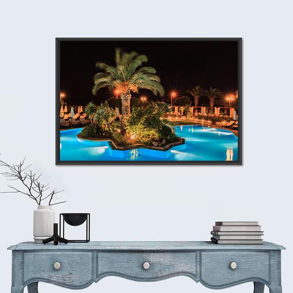 Swimming Pool In Night View Canvas Wall Art-1 Piece-Floating Frame-24" x 16"-Tiaracle
