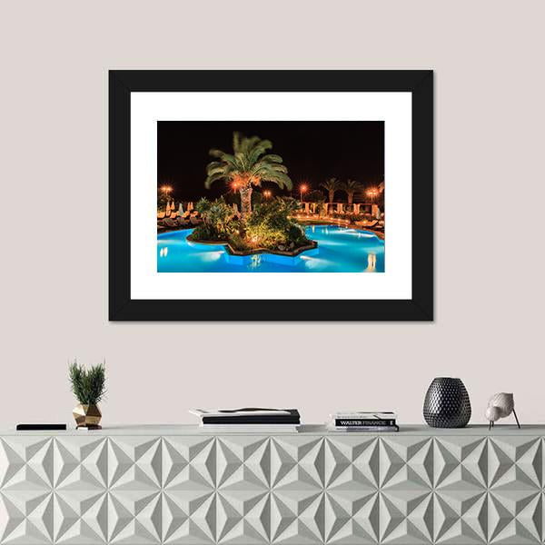 Swimming Pool In Night View Canvas Wall Art-1 Piece-Framed Print-20" x 16"-Tiaracle