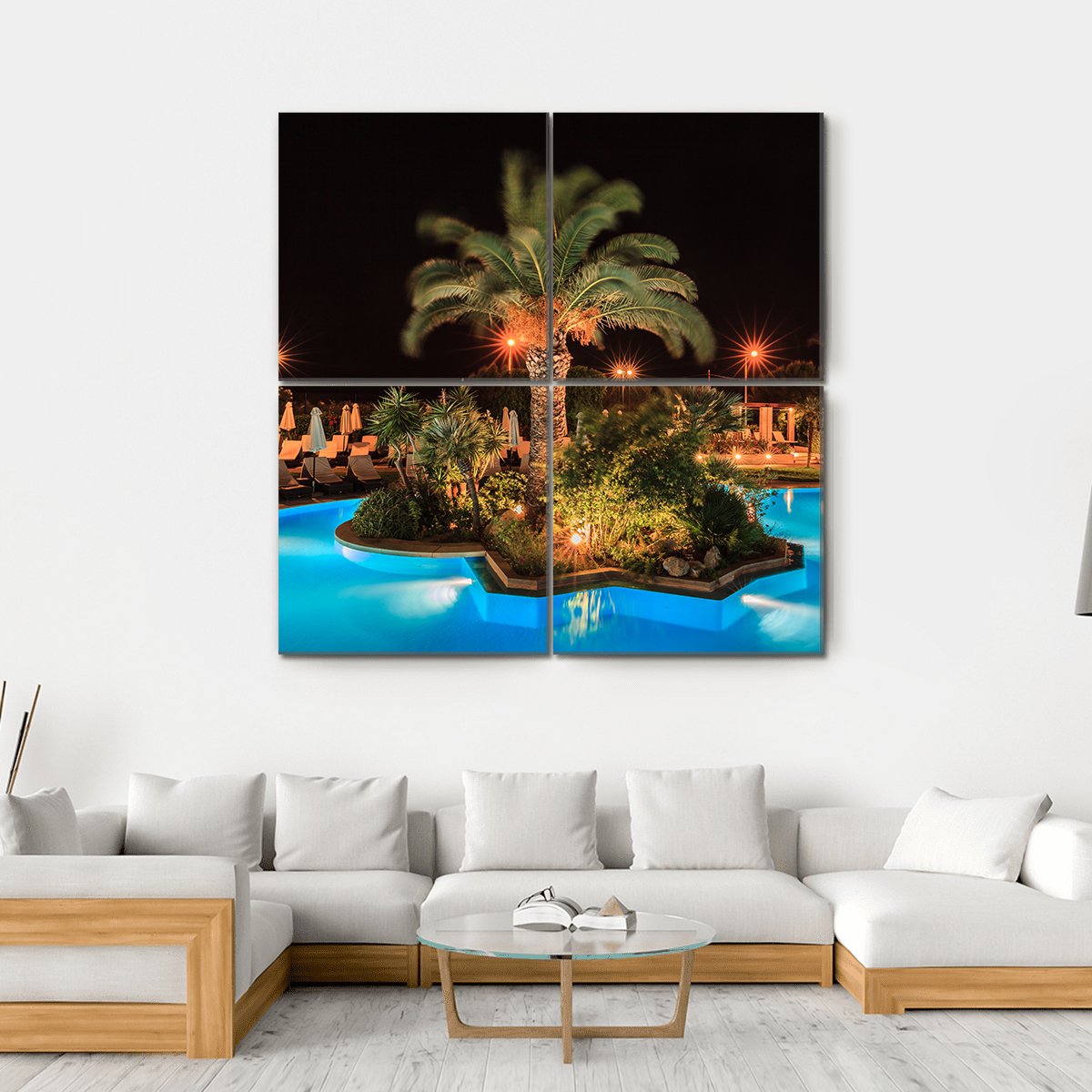Swimming Pool In Night View Canvas Wall Art-4 Square-Gallery Wrap-17" x 17"-Tiaracle