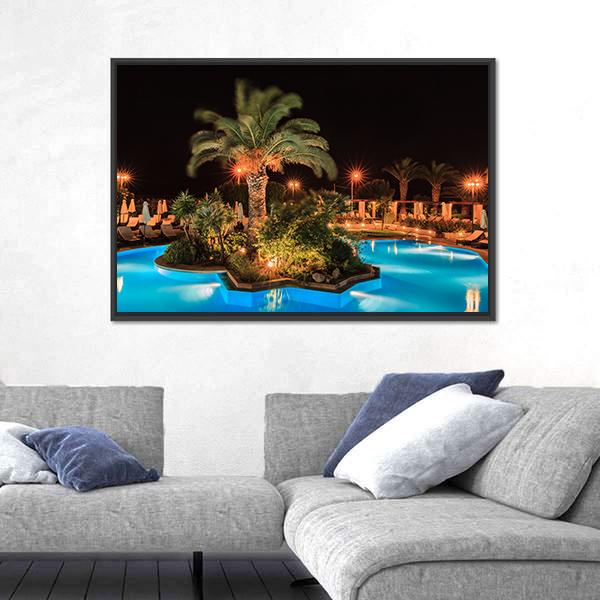 Swimming Pool In Night View Canvas Wall Art-3 Horizontal-Gallery Wrap-25" x 16"-Tiaracle