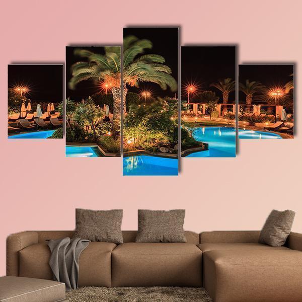 Swimming Pool In Night View Canvas Wall Art-5 Star-Gallery Wrap-62" x 32"-Tiaracle