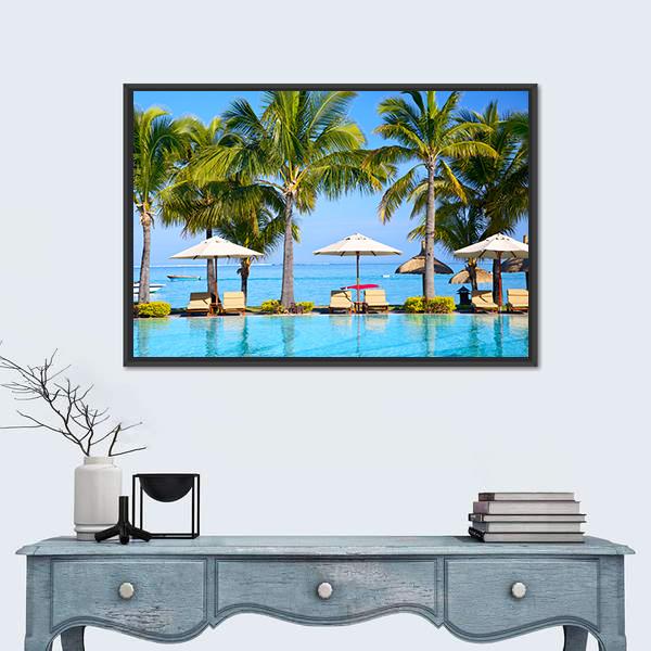 Swimming Pool With Lounge Chairs Canvas Wall Art-1 Piece-Floating Frame-24" x 16"-Tiaracle