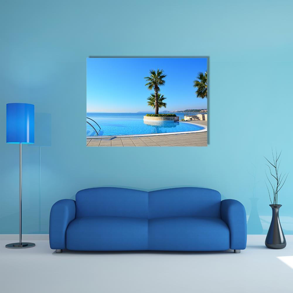 Swimming Pool With Palm Tree Canvas Wall Art-1 Piece-Gallery Wrap-48" x 32"-Tiaracle