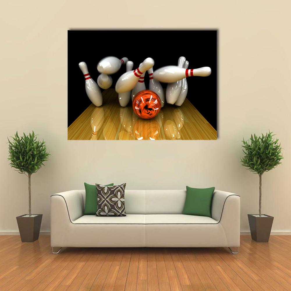 Orange Marbled Bowling Ball and Flying Pins Canvas Wall Art in black, white and orange, single panel hung on a wall