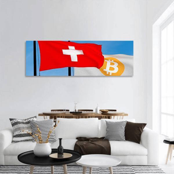 Swiss Flag And Bitcoin Flag Panoramic Canvas Wall Art-1 Piece-36" x 12"-Tiaracle