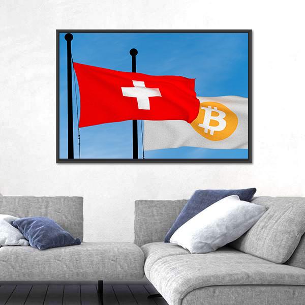 Swiss Flag And Bitcoin Flag Panoramic Canvas Wall Art-1 Piece-36" x 12"-Tiaracle