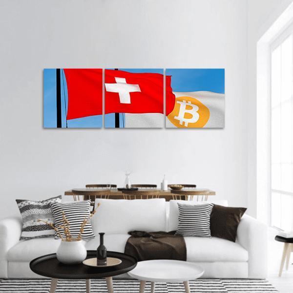 Swiss Flag And Bitcoin Flag Panoramic Canvas Wall Art-3 Piece-25" x 08"-Tiaracle