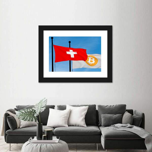 Swiss Flag And Bitcoin Flag Panoramic Canvas Wall Art-1 Piece-36" x 12"-Tiaracle